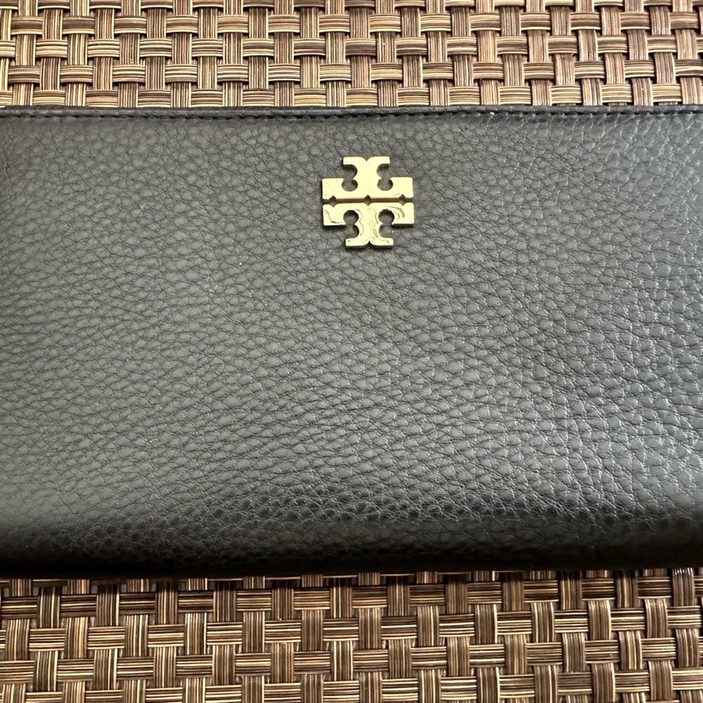 Tory Burch black pebbles leather with gold logo & trim woman’s wallet